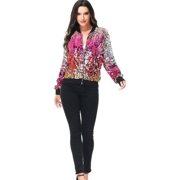 Brand New Women Confetti Polyester Sequin Long Sleeve Front Zip Jacket Bomber - Picture 5 of 6